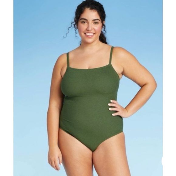 Kona Sol Women’s Green Puckered One Piece High Coverage Bathing Suit NEW 16W - Picture 1 of 14
